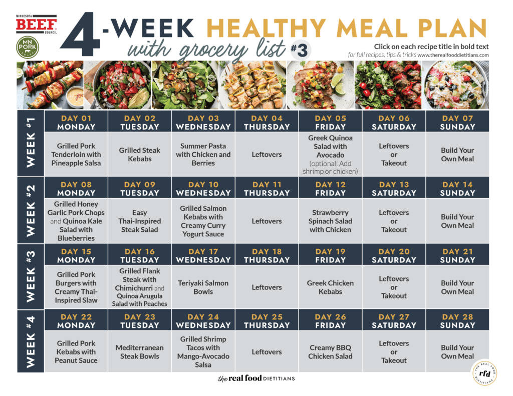 Calendar image of 4 weeks of healthy summer dinners as part of 4 week fitness challenge