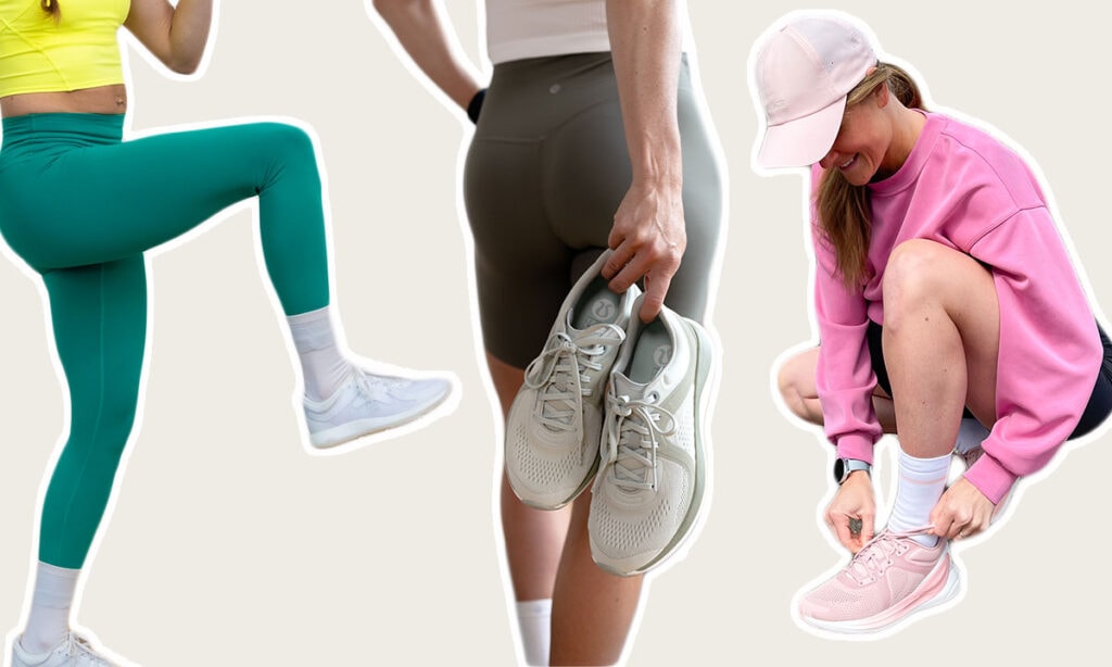 collage image of woman wearing different types of lululemon shoes