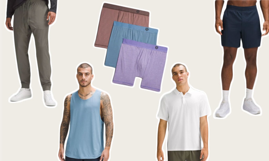 collage image of best lululemon men's gear including mens joggers and mens boxersd