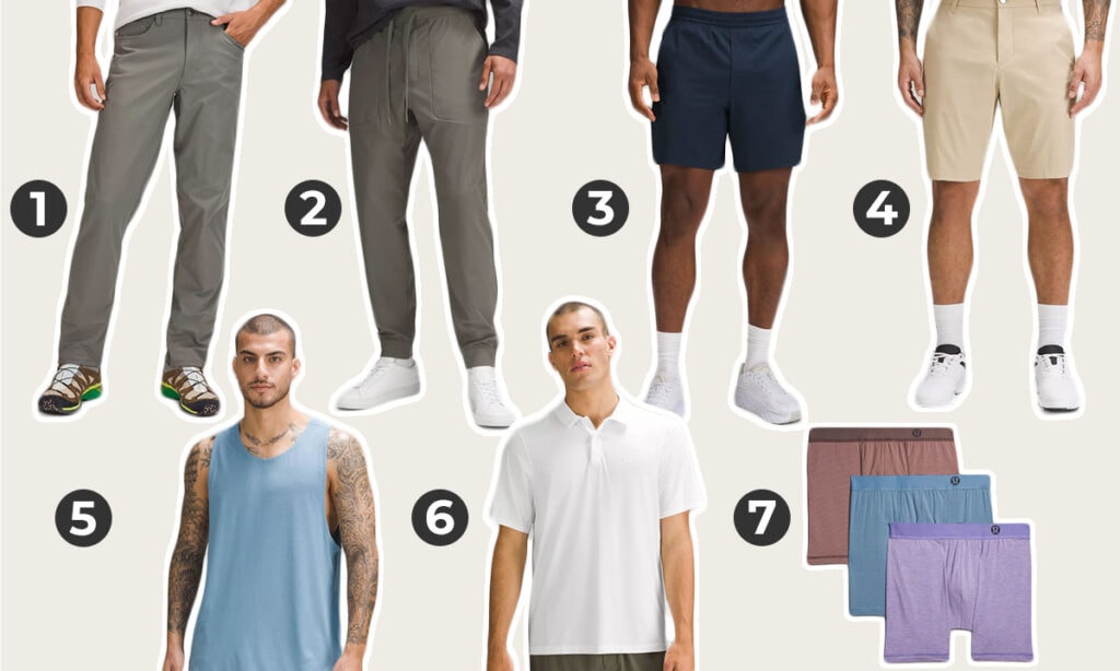 Numbered collage image of the best lululemon men's products including ABC jogger, ABC pant and boxers