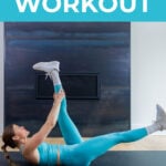 Pin for Pinterest of daily ab workout. Image shows woman performing alternating leg lowers