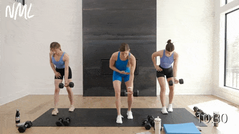three women performing single arm back rows in an upper body strength workout for women