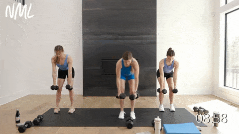 three women performing stack on narrow back rows and hammer curls with dumbbells in an arm workout at home