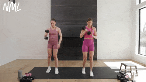 two women performing a staggered deadlift and clean and rotational lunge in a dumbbell leg workout