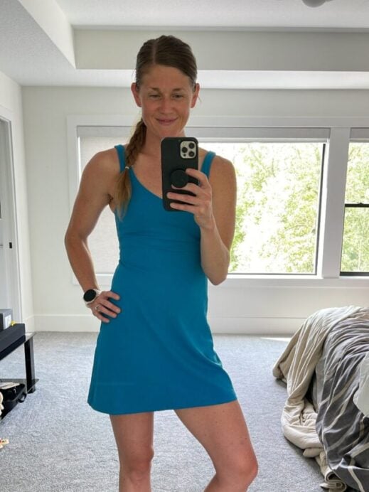 Woman wearing lululemon align dress with shorts underneath