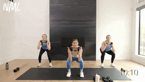 three women performing a deadlift, clean and squat with dumbbells