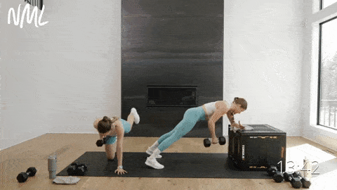 Two women performing an incline plank and dumbbell row