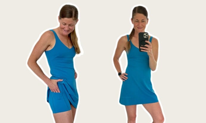 Woman wearing a blue dress demonstrating the best shorts to wear under dresses