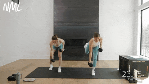 Two women performing a single leg deadlift with a single arm back row as part of full body pull workout