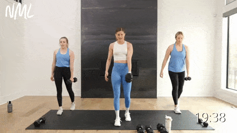 three women performing a staggered deadlift and back row as part of dumbbell strength training