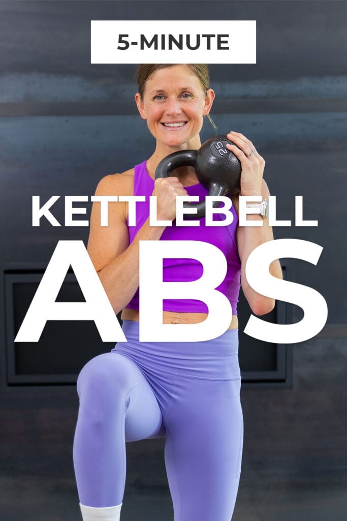 5-Minute Kettlebell Abs - pin for pinterest with woman holding a kettlebell in a front rack position 