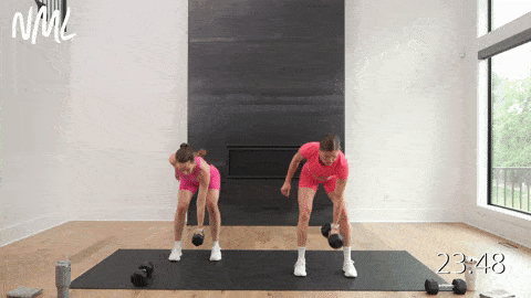 two women performing a single arm row clean and squat thruster in a total body HIIT workout