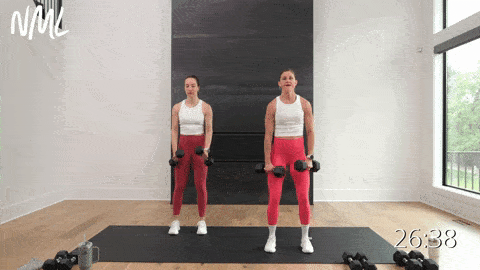 two women performing a lateral shoulder raise with dumbbells in an arm workout