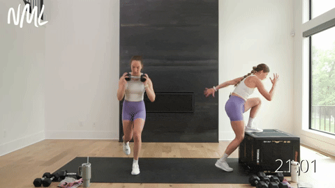 woman performing step ups and woman performing split lunges in a dumbbell leg workout