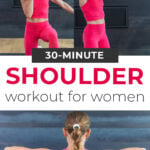 Pin for Pinterest of shoulder workout for women. Woman performing shoulder strength exercises