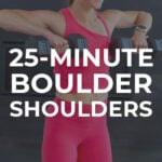 Pin for Pinterest of shoulder workout for women. Woman performing shoulder strength exercises