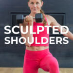 Pin for Pinterest of shoulder workout for women. Woman performing shoulder strength exercises