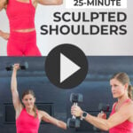 Pin for Pinterest of shoulder workout for women. Woman performing shoulder strength exercises