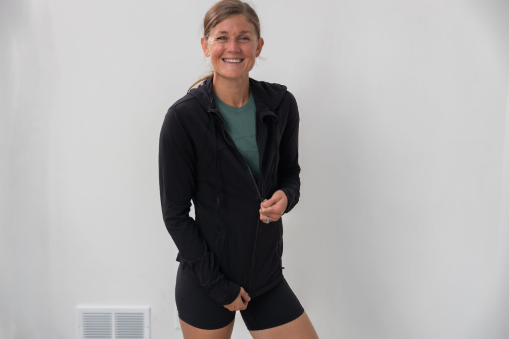 Lindsey wearing lululemon define jacket as part of round up of 6 of the best lululemon jackets and sweatshirts