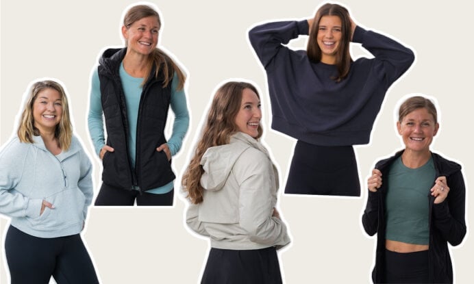 Four women wearing different versions of lululemon jackets as part of review post of best lululemon sweatshirts and jackets