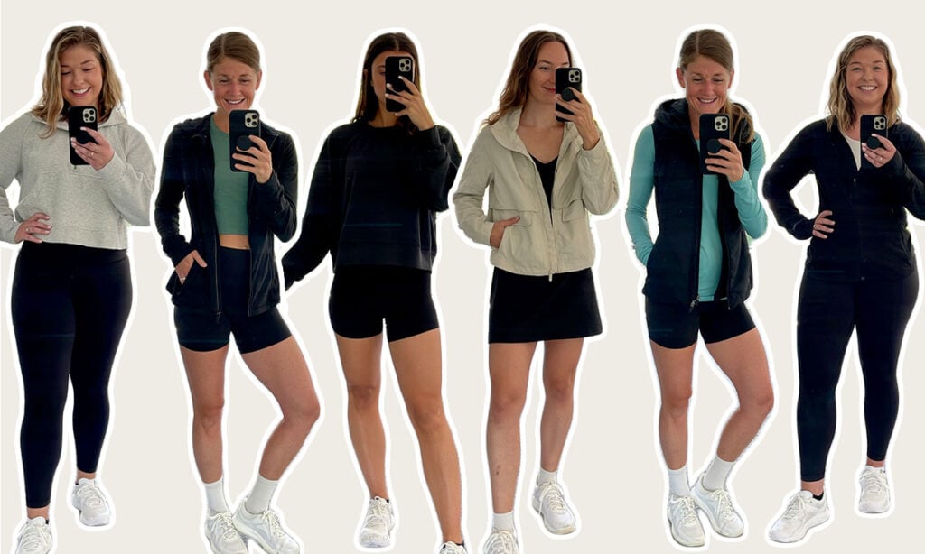6 women, each wearing a different lululemon jacket or lululemon sweatshirt, posing in front of mirror