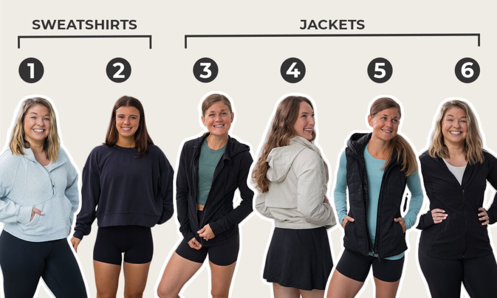 Numbered image with corresponding links of the best lululemon jacket and sweatshirt choices for fall