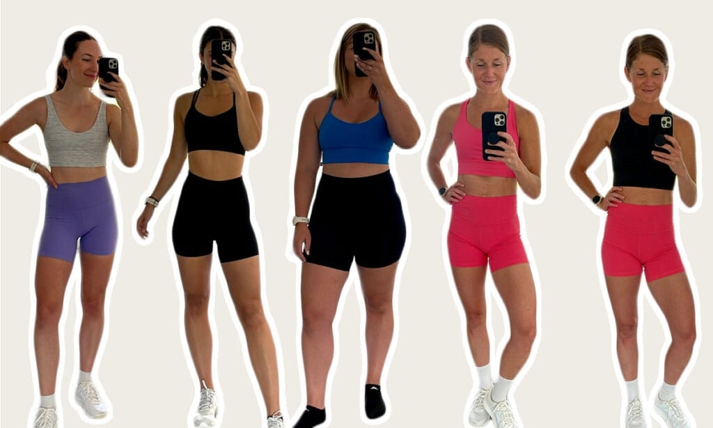 Women posed in front of mirror showing different styles of lululemon bras