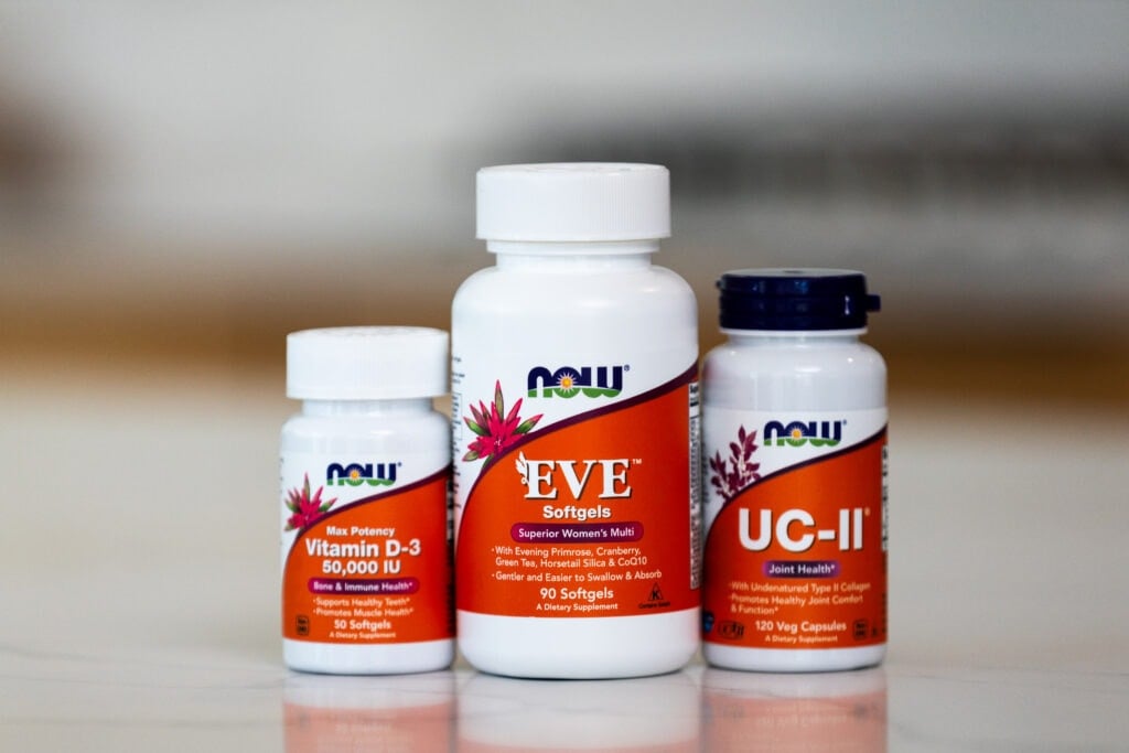 image of three different supplements on counter as part of morning supplement routine for women