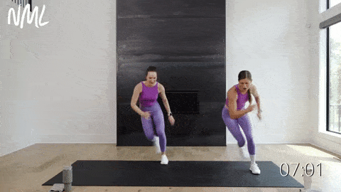 two women performing the skater exercise as part of low impact at home cardio workout