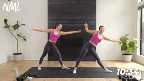 2 women showing how to do triangle pose as part of sculpt workout