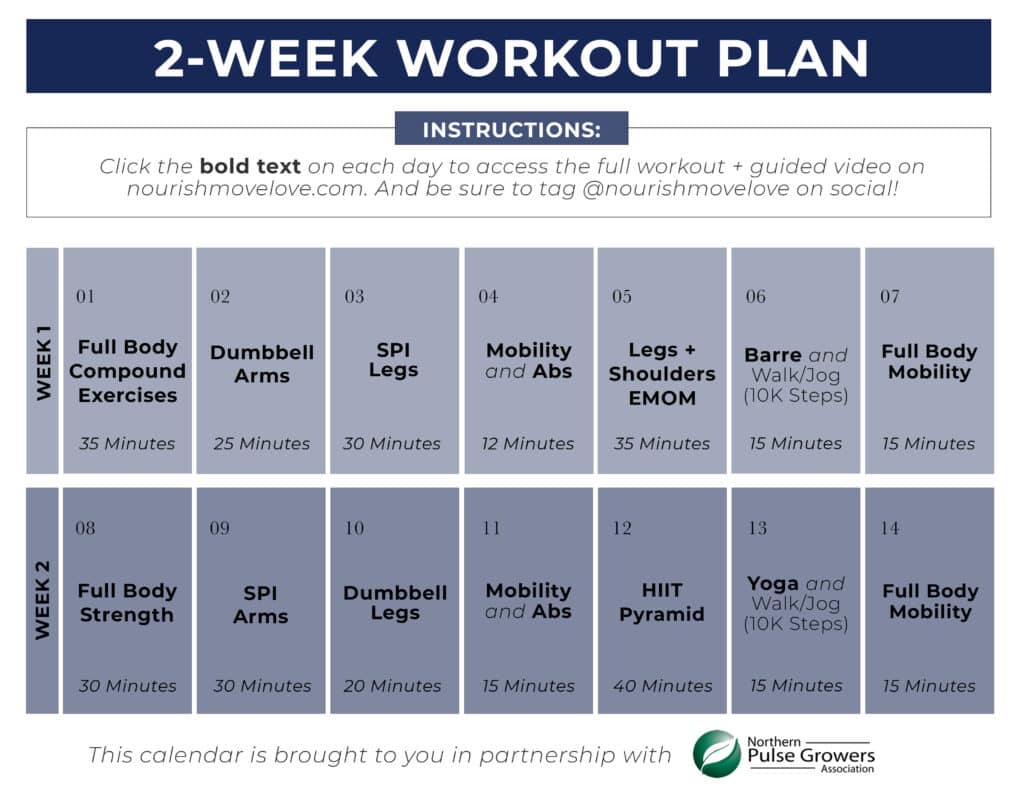 Calendar of full body workout routine at home with 12 days of workouts. 