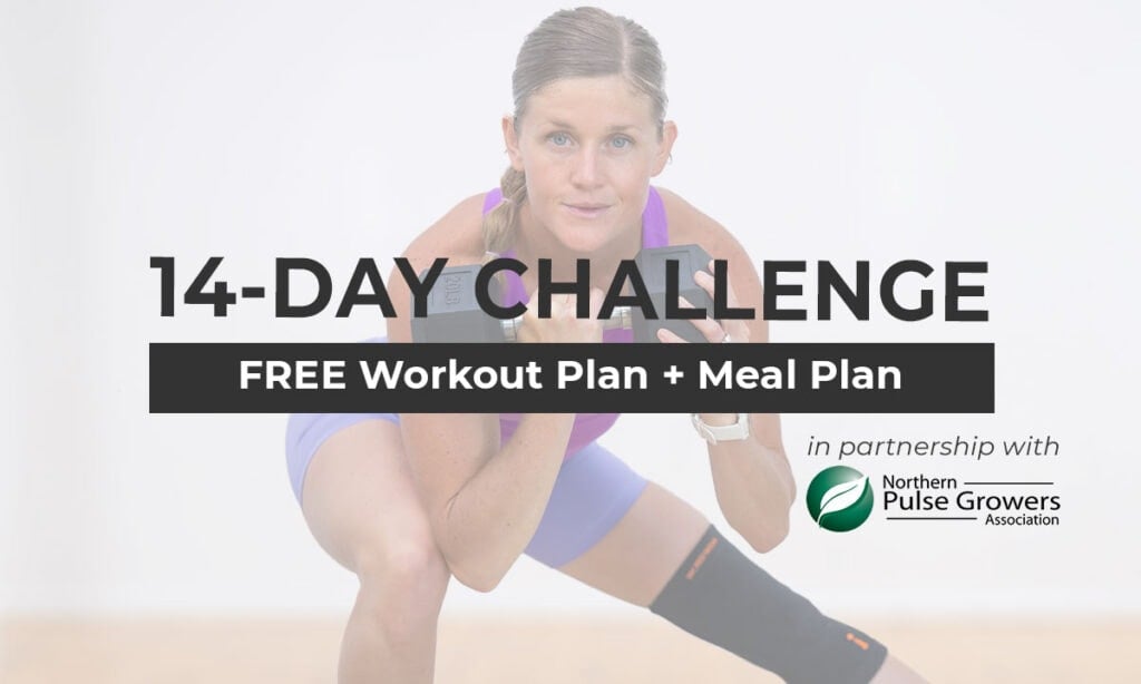 Image of woman performing a lateral squat with text overlay describing full body workout and meal plan