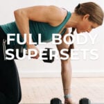 Pin for Pinterest of woman performing a dumbbell HIIT superset workout