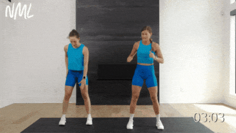 two women performing deadlifts and toe taps as part of standing ab workout