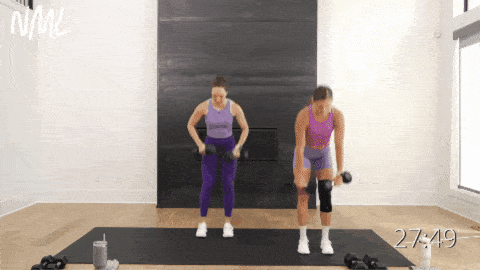 two women performing a series of deadlifts, dumbbell clean and lateral squats as examples of best compound exercises