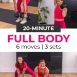 20-minute full body workout PDF. Six moves, three sets. Woman doing a lateral lunge, deadlift, and shoulder press.