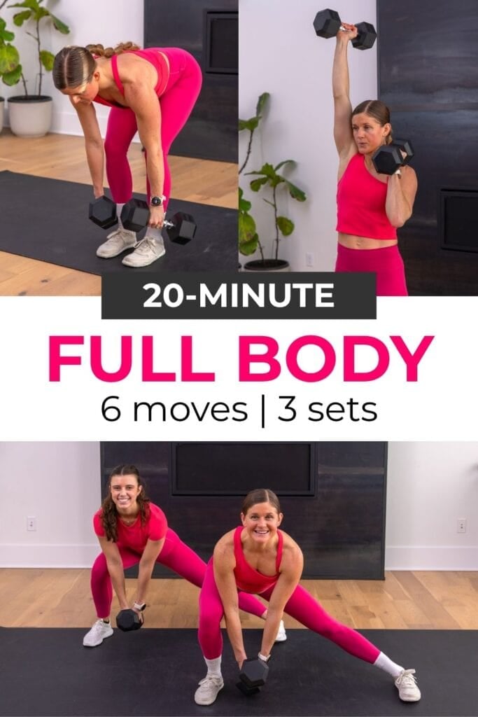 20-minute full body workout PDF. Six moves, three sets. Woman doing a lateral lunge, deadlift, and shoulder press.