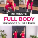 20-minute full body workout PDF. Six moves, three sets. Woman doing a lateral lunge, deadlift, and shoulder press.