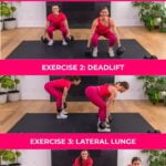 Three exercises that are part of a 20-minute full-body workout: Squat, Deadlift, Lateral lunge