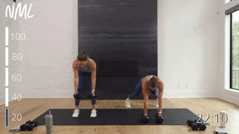 one woman performing a plank and row with a dumbbell burpee sprawl and one woman performing a row and clean as part of a full body workout