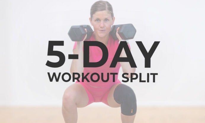 Image of woman performing a dumbbell squat with text overlay saying 5 day workout split