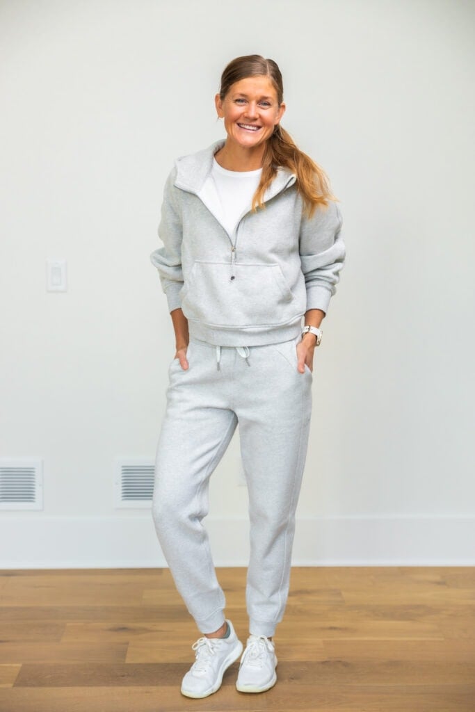 woman wearing gray scuba joggers as part of best lululemon joggers review post