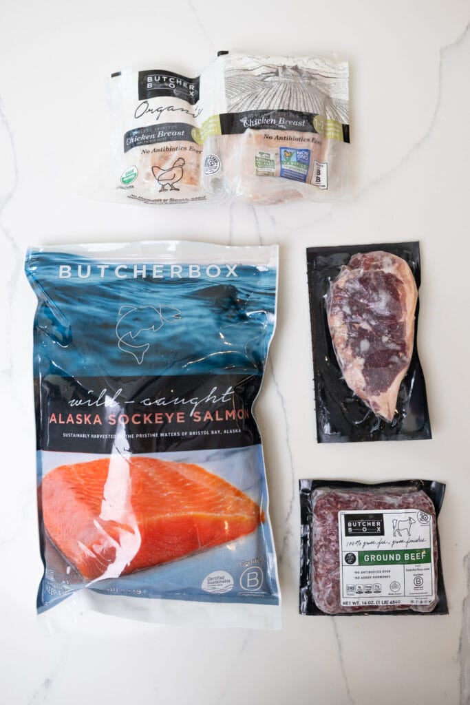 Chicken, beef and salmon. ButcherBox is a delivery service that delivers high-quality, hormone-free and humanely raised meat directly to your door.