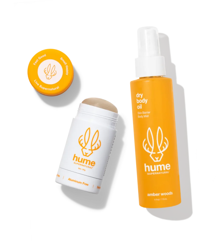 Hume deodorant and bottle of body oil | discount codes