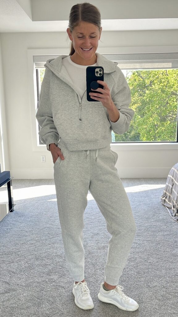 woman wearing gray scuba joggers as part of best lululemon joggers review post