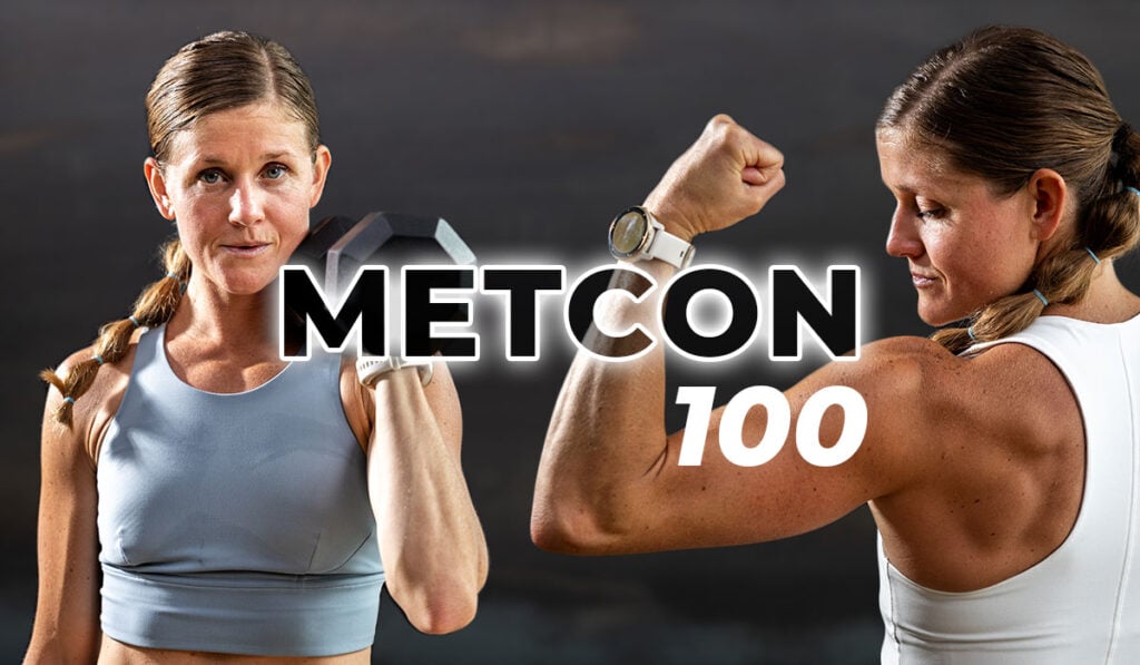 woman flexing with text overlay describing MetCon program