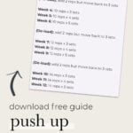 Pin for pinterest - Image of woman doing push up with text overlay "12 Week Push Up Program"