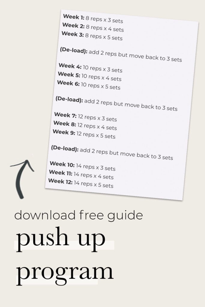 Pin for pinterest - Image of woman doing push up with text overlay "12 Week Push Up Program"