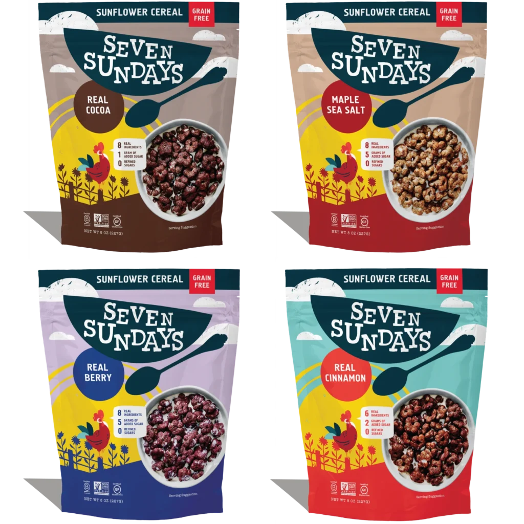 Seven sundays protein cereal, flavors including real cocoa, maple sea salt, real berry and real cinnamon.