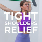 Pin for Pinterest of woman performing shoulder mobility exercises